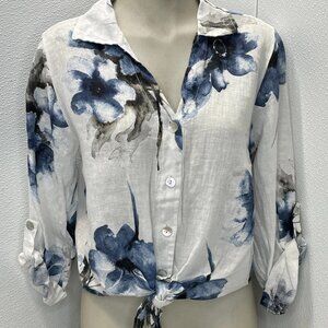 100% Lino Women’s Cropped Floral Print Linen Blouse One Size White/Blue